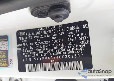 2012 Kia Sorento Ex V6 z USA, uszkodzony, nr VIN 5XYKU4A24CG301597